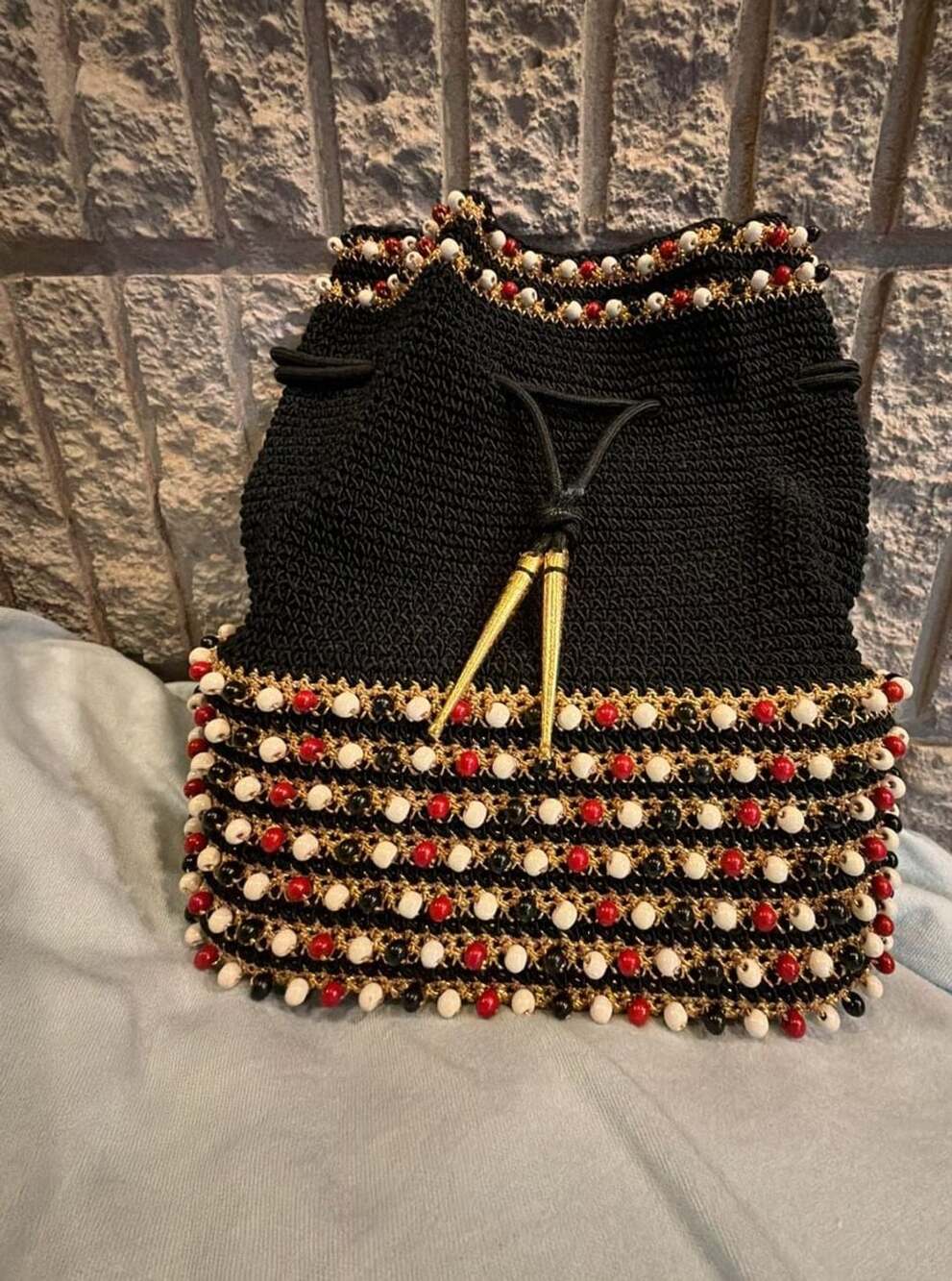 Vintage Beaded Crochet Drawstring Bucket Bag Black Gold